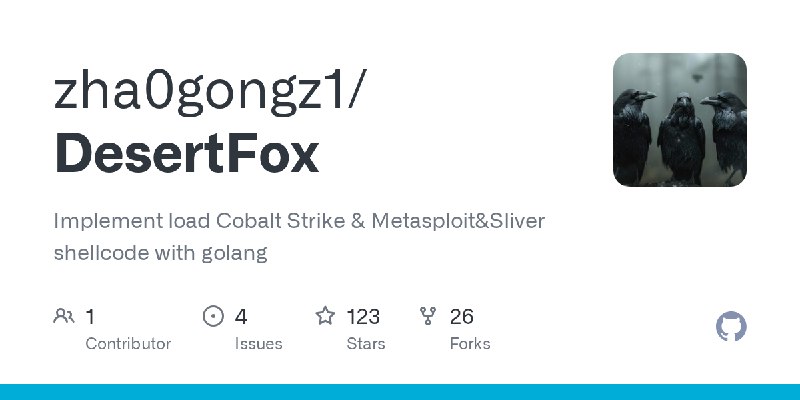 GitHub - zha0gongz1/DesertFox: Implement load Cobalt Strike & Metasploit&Sliver shellcode with golang