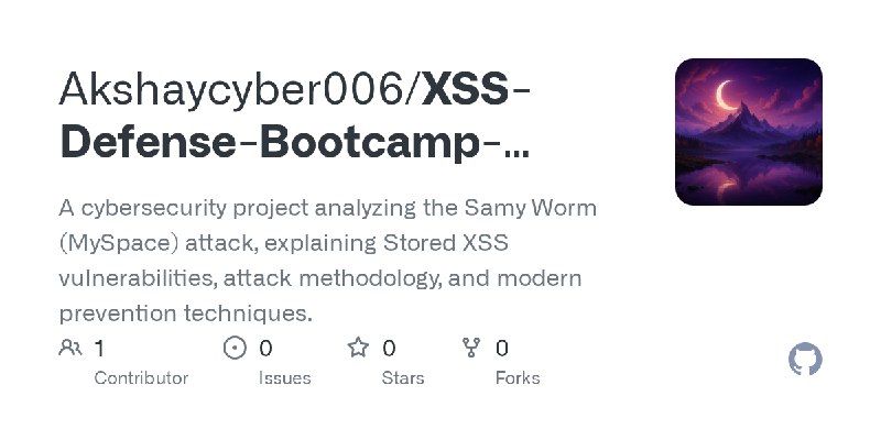 GitHub - Akshaycyber006/XSS-Defense-Bootcamp-Project: A cybersecurity project analyzing the Samy Worm (MySpace) attack, explaining…