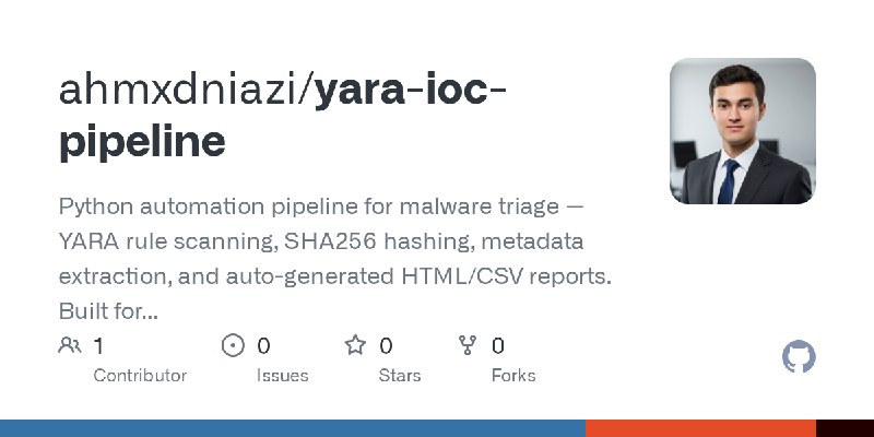 GitHub - ahmxdniazi/yara-ioc-pipeline: Python automation pipeline for malware triage — YARA rule scanning, SHA256 hashing, metadata…