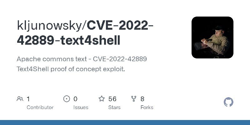 GitHub - kljunowsky/CVE-2022-42889-text4shell: Apache commons text - CVE-2022-42889 Text4Shell proof of concept exploit.