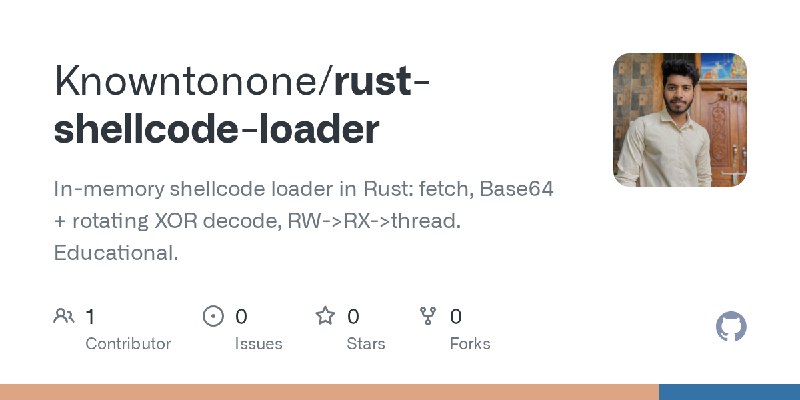 GitHub - Knowntonone/rust-shellcode-loader: In-memory shellcode loader in Rust: fetch, Base64 + rotating XOR decode, RW->RX->thread.…