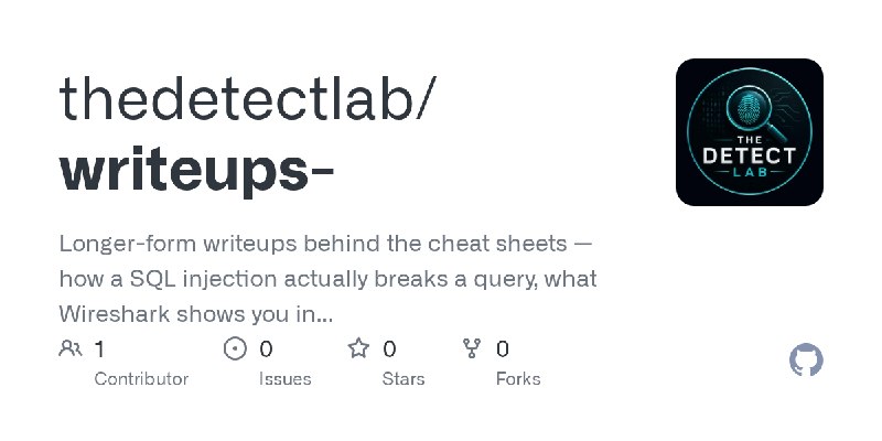 GitHub - thedetectlab/writeups-: Longer-form writeups behind the cheat sheets — how a SQL injection actually breaks a query, what…