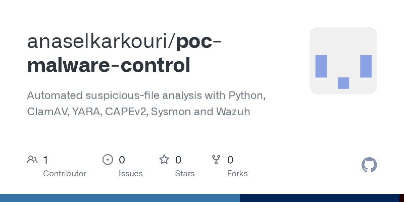 GitHub - anaselkarkouri/poc-malware-control: Automated suspicious-file analysis with Python, ClamAV, YARA, CAPEv2, Sysmon and Wazuh