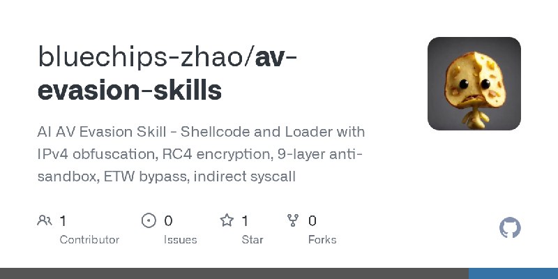 GitHub - bluechips-zhao/av-evasion-skills: AI AV Evasion Skill - Shellcode and Loader with IPv4 obfuscation, RC4 encryption, 9…
