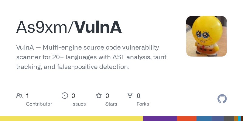 GitHub - As9xm/VulnA: VulnA — Multi-engine source code vulnerability scanner for 20+ languages with AST analysis, taint tracking…