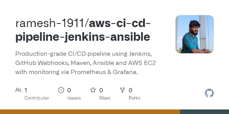 GitHub - ramesh-1911/aws-ci-cd-pipeline-jenkins-ansible: Production-grade CI/CD pipeline using Jenkins, GitHub Webhooks, Maven…