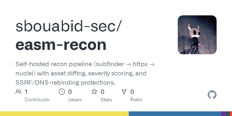 GitHub - sbouabid-sec/easm-recon: Self-hosted recon pipeline (subfinder → httpx → nuclei) with asset diffing, severity scoring…