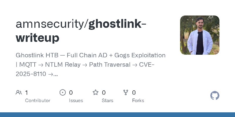 GitHub - amnsecurity/ghostlink-writeup: Ghostlink HTB — Full Chain AD + Gogs Exploitation | MQTT → NTLM Relay → Path Traversal…
