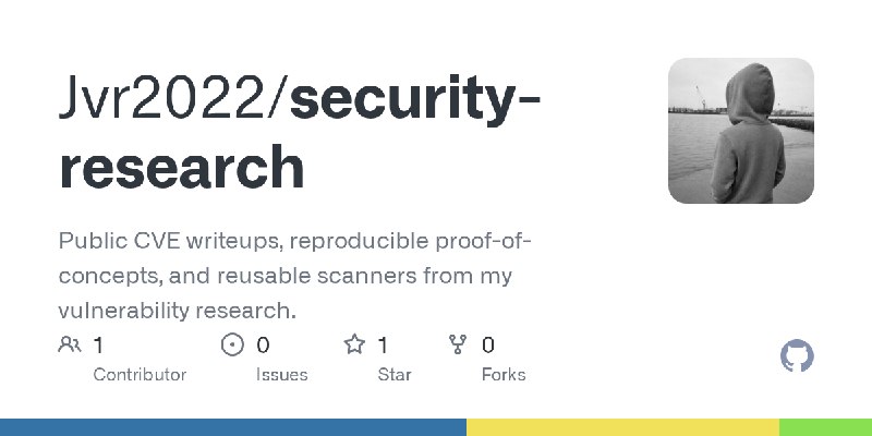 GitHub - Jvr2022/security-research: Public CVE writeups, reproducible proof-of-concepts, and reusable scanners from my vulnerability…