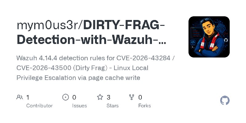 GitHub - mym0us3r/DIRTY-FRAG-Detection-with-Wazuh-4.14.4: Wazuh 4.14.4 detection rules for CVE-2026-43284 / CVE-2026-43500 (Dirty…