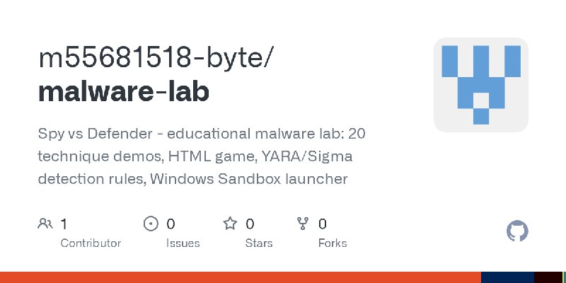 GitHub - m55681518-byte/malware-lab: Spy vs Defender - educational malware lab: 20 technique demos, HTML game, YARA/Sigma detection…