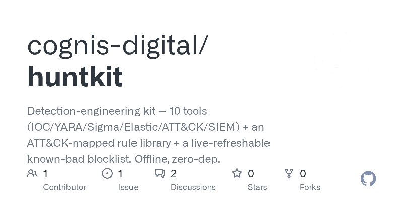 GitHub - cognis-digital/huntkit: Detection-engineering kit — 10 tools (IOC/YARA/Sigma/Elastic/ATT&CK/SIEM) + an ATT&CK-mapped rule…