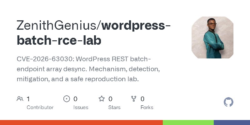 GitHub - ZenithGenius/wordpress-batch-rce-lab: CVE-2026-63030: WordPress REST batch-endpoint array desync. Mechanism, detection…