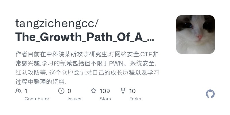 GitHub - tangzichengcc/The_Growth_Path_Of_A_CTFer_And_Pwner: 作者目前在中科院某所攻读研究生,对网络安全,CTF非常感兴趣.学习的领域包括但不限于PWN、系统安全、红队攻防等.  这个仓库会记…
