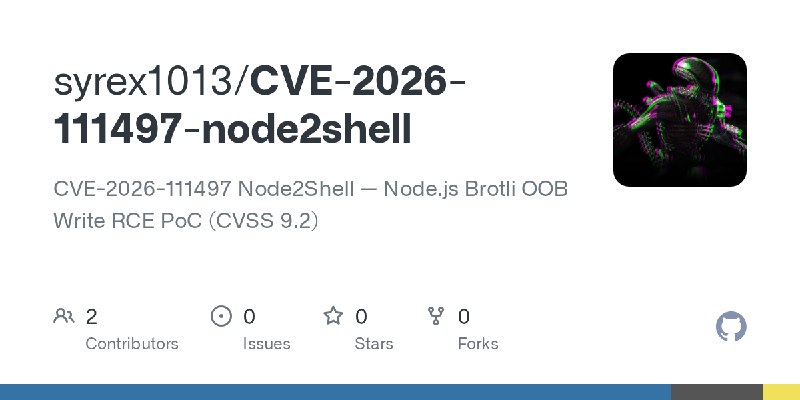 GitHub - syrex1013/CVE-2026-111497-node2shell: CVE-2026-111497 Node2Shell — Node.js Brotli OOB Write RCE PoC (CVSS 9.2)