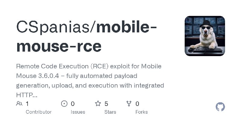 GitHub - CSpanias/mobile-mouse-rce: Remote Code Execution (RCE) exploit for Mobile Mouse 3.6.0.4 – fully automated payload generation…