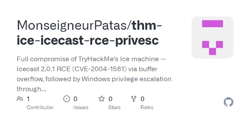 GitHub - MonseigneurPatas/thm-ice-icecast-rce-privesc: Full compromise of TryHackMe's Ice machine — Icecast 2.0.1 RCE (CVE-2004…