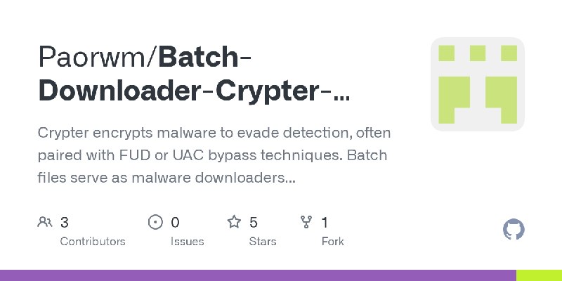 GitHub - Paorwm/Batch-Downloader-Crypter-FUD-UAC-Bypass: Crypter encrypts malware to evade detection, often paired with FUD or…