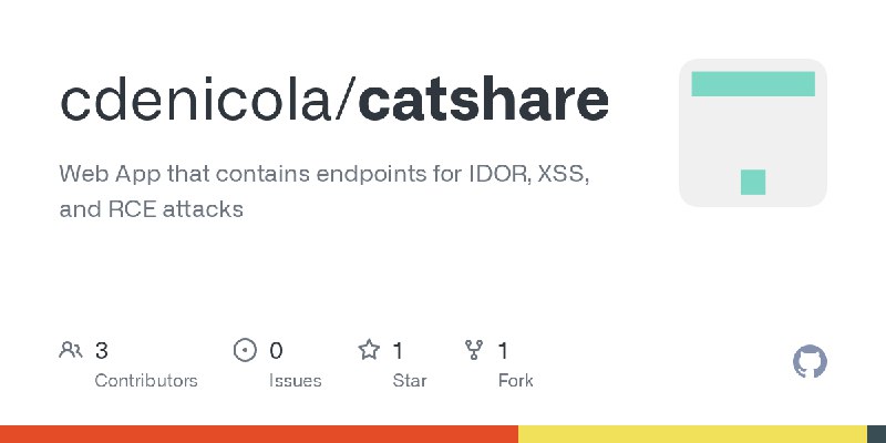 GitHub - cdenicola/catshare: Web App that contains endpoints for IDOR, XSS, and RCE attacks