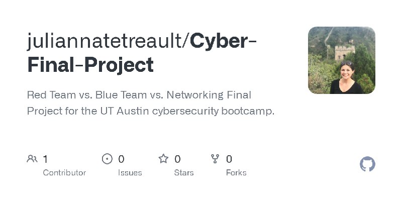 GitHub - juliannatetreault/Cyber-Final-Project: Red Team vs. Blue Team vs. Networking Final Project for the UT Austin cybersecurity…