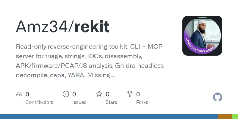 GitHub - Amz34/rekit: Read-only reverse-engineering toolkit: CLI + MCP server for triage, strings, IOCs, disassembly, APK/firmware/PCAP/JS…