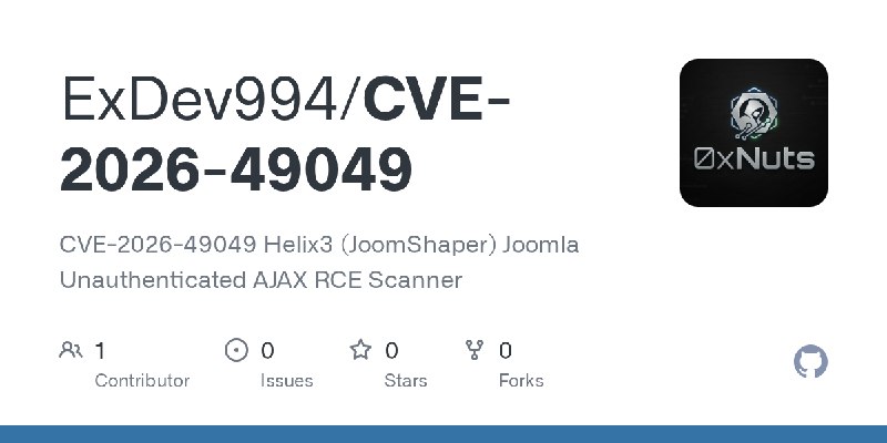 GitHub - ExDev994/CVE-2026-49049: CVE-2026-49049 Helix3 (JoomShaper) Joomla Unauthenticated AJAX RCE Scanner