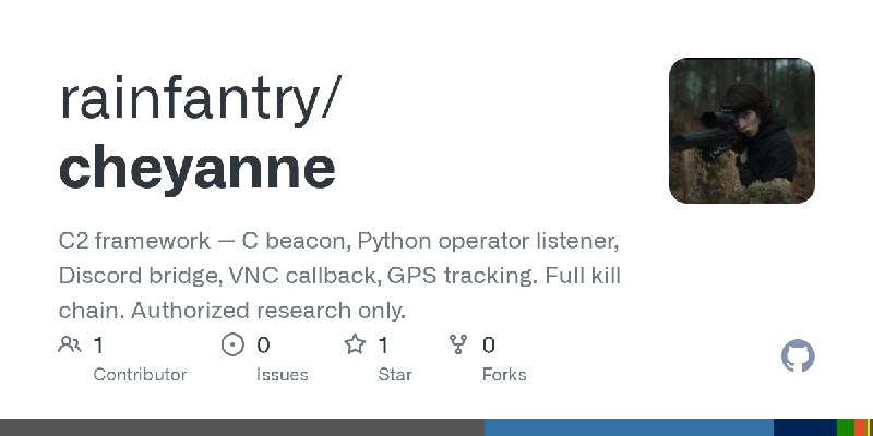 GitHub - rainfantry/cheyanne: C2 framework — C beacon, Python operator listener, Discord bridge, VNC callback, GPS tracking. Full…
