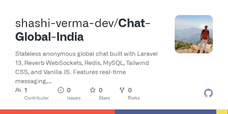 GitHub - shashi-verma-dev/Chat-Global-India: Stateless anonymous global chat built with Laravel 13, Reverb WebSockets, Redis, MySQL…