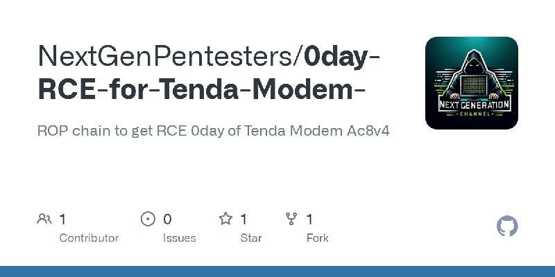 GitHub - NextGenPentesters/0day-RCE-for-Tenda-Modem-: ROP chain to get RCE 0day of Tenda Modem Ac8v4