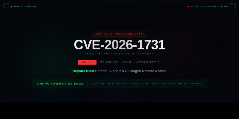 GitHub - cybrdude/cve-2026-1731-scanner: Passive vulnerability scanner for CVE-2026-1731 — BeyondTrust RS/PRA pre-auth RCE (CVSS…