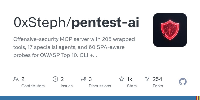 GitHub - 0xSteph/pentest-ai: Offensive-security MCP server with 205 wrapped tools, 17 specialist agents, and 60 SPA-aware probes…