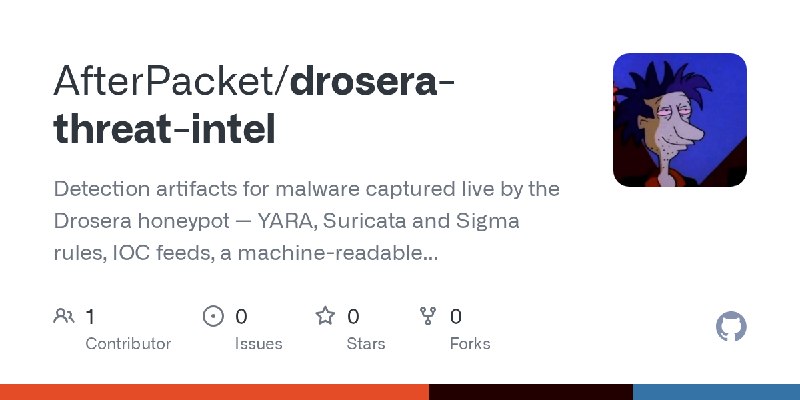 GitHub - AfterPacket/drosera-threat-intel: Detection artifacts for malware captured live by the Drosera honeypot — YARA, Suricata…