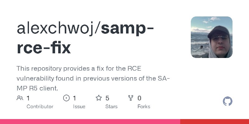 GitHub - alexchwoj/samp-rce-fix: This repository provides a fix for the RCE vulnerability found in previous versions of the SA…