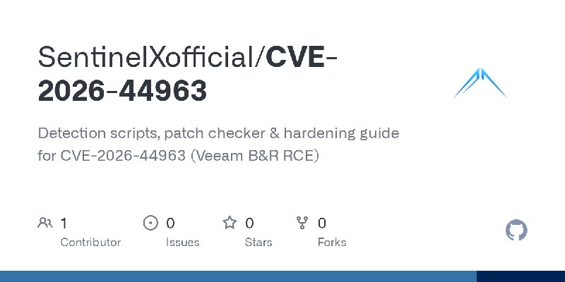 GitHub - SentinelXofficial/CVE-2026-44963: Detection scripts, patch checker & hardening guide for CVE-2026-44963 (Veeam B&R RCE)