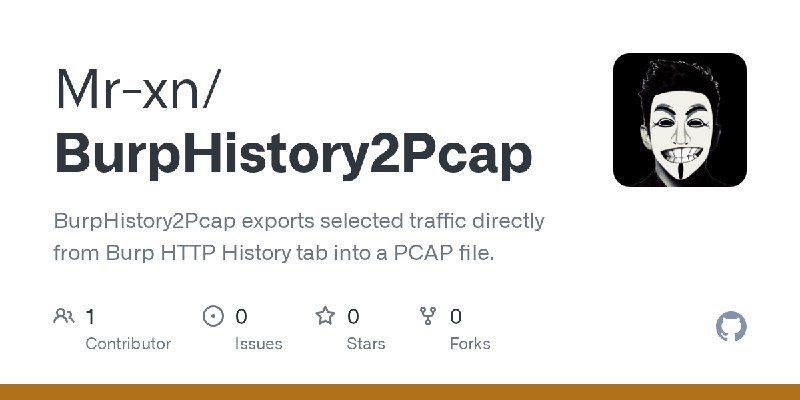 GitHub - Mr-xn/BurpHistory2Pcap: BurpHistory2Pcap exports selected traffic directly from Burp HTTP History tab into a PCAP file.