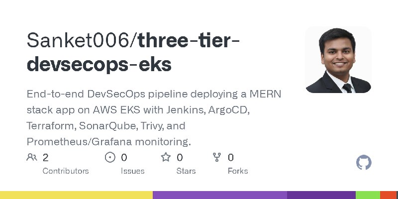 GitHub - Sanket006/three-tier-devsecops-eks: End-to-end DevSecOps pipeline deploying a MERN stack app on AWS EKS with Jenkins,…