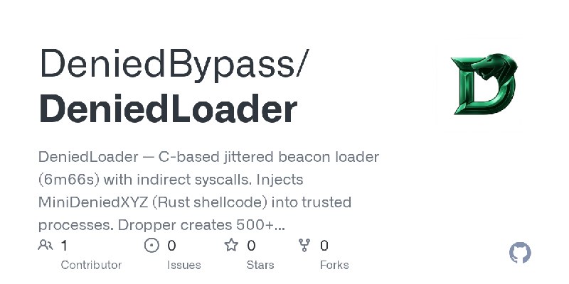 GitHub - DeniedBypass/DeniedLoader: DeniedLoader — C-based jittered beacon loader (6m66s) with indirect syscalls. Injects MiniDeniedXYZ…