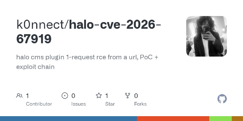 GitHub - k0nnect/halo-cve-2026-67919: halo cms plugin 1-request rce from a url, PoC + exploit chain