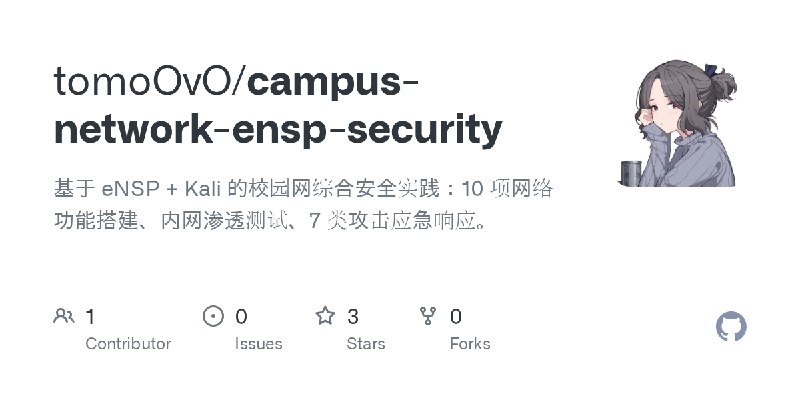 GitHub - tomoOvO/campus-network-ensp-security: 基于 eNSP + Kali 的校园网综合安全实践：10 项网络功能搭建、内网渗透测试、7 类攻击应急响应。
