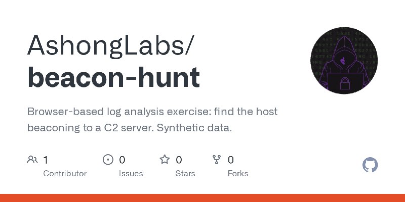 GitHub - AshongLabs/beacon-hunt: Browser-based log analysis exercise: find the host beaconing to a C2 server. Synthetic data.