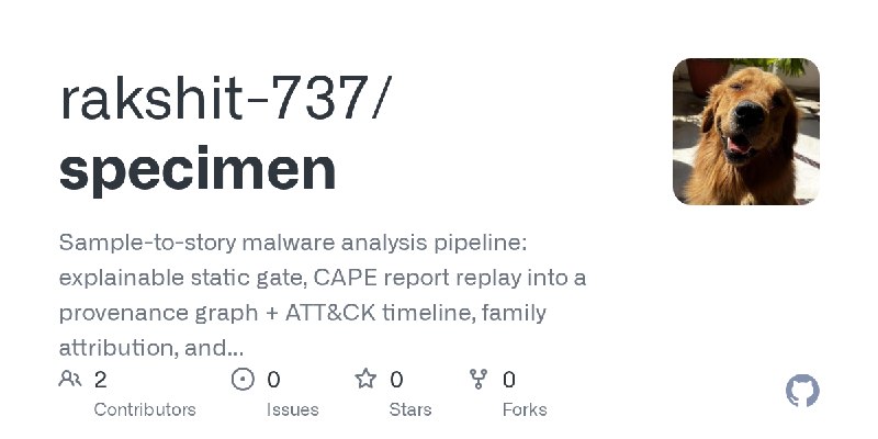 GitHub - rakshit-737/specimen: Sample-to-story malware analysis pipeline: explainable static gate, CAPE report replay into a provenance…