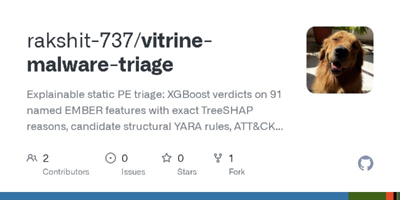 GitHub - rakshit-737/vitrine-malware-triage: Explainable static PE triage: XGBoost verdicts on 91 named EMBER features with exact…