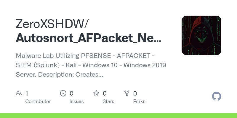 GitHub - ZeroXSHDW/Autosnort_AFPacket_Network_Bridge: Malware Lab Utilizing PFSENSE - AFPACKET - SIEM (Splunk) - Kali - Windows…