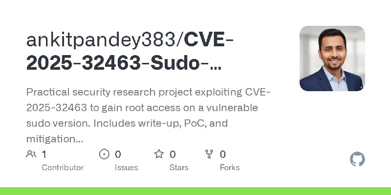 GitHub - ankitpandey383/CVE-2025-32463-Sudo-Privilege-Escalation: Practical security research project exploiting CVE-2025-32463…