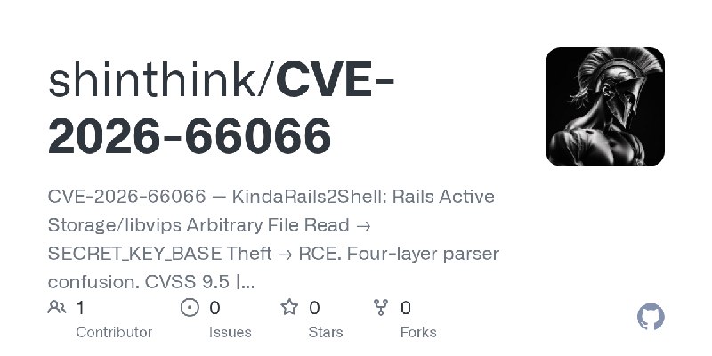GitHub - shinthink/CVE-2026-66066: CVE-2026-66066 — KindaRails2Shell: Rails Active Storage/libvips Arbitrary File Read → SECRET_KEY_BASE…