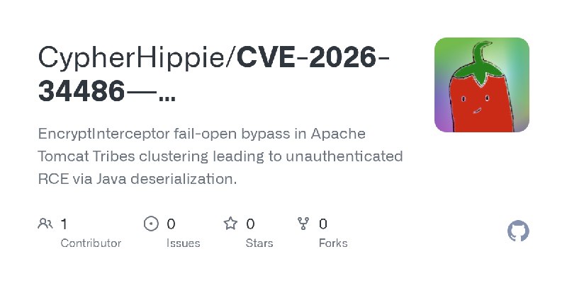 GitHub - CypherHippie/CVE-2026-34486---unauthenticated-RCE-via-Java-deserialization: EncryptInterceptor fail-open bypass in Apache…