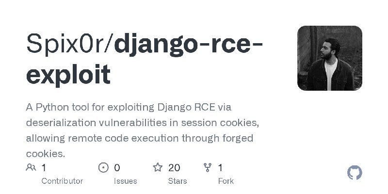 GitHub - Spix0r/django-rce-exploit: A Python tool for exploiting Django RCE via deserialization vulnerabilities in session cookies…