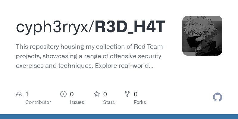 GitHub - cyph3rryx/R3D_H4T: This repository housing my collection of Red Team projects, showcasing a range of offensive security…