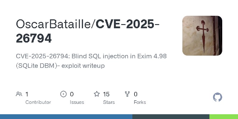 GitHub - OscarBataille/CVE-2025-26794: CVE-2025-26794: Blind SQL injection in Exim 4.98 (SQLite DBM)- exploit writeup