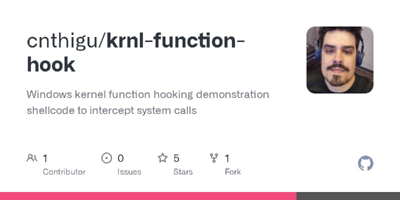 GitHub - cnthigu/krnl-function-hook: Windows kernel function hooking demonstration shellcode to intercept system calls
